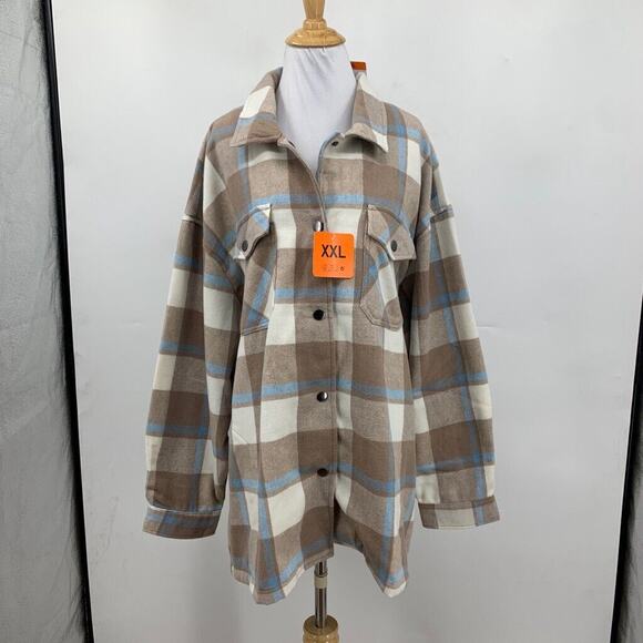 HFX Shirt Jacket Womens XXL 2XL Wool Blend Flannel Check Snap Button Shacket - Picture 2 of 16